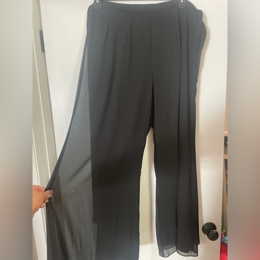 Women’s black dressy pants with sheer chiffon overlay